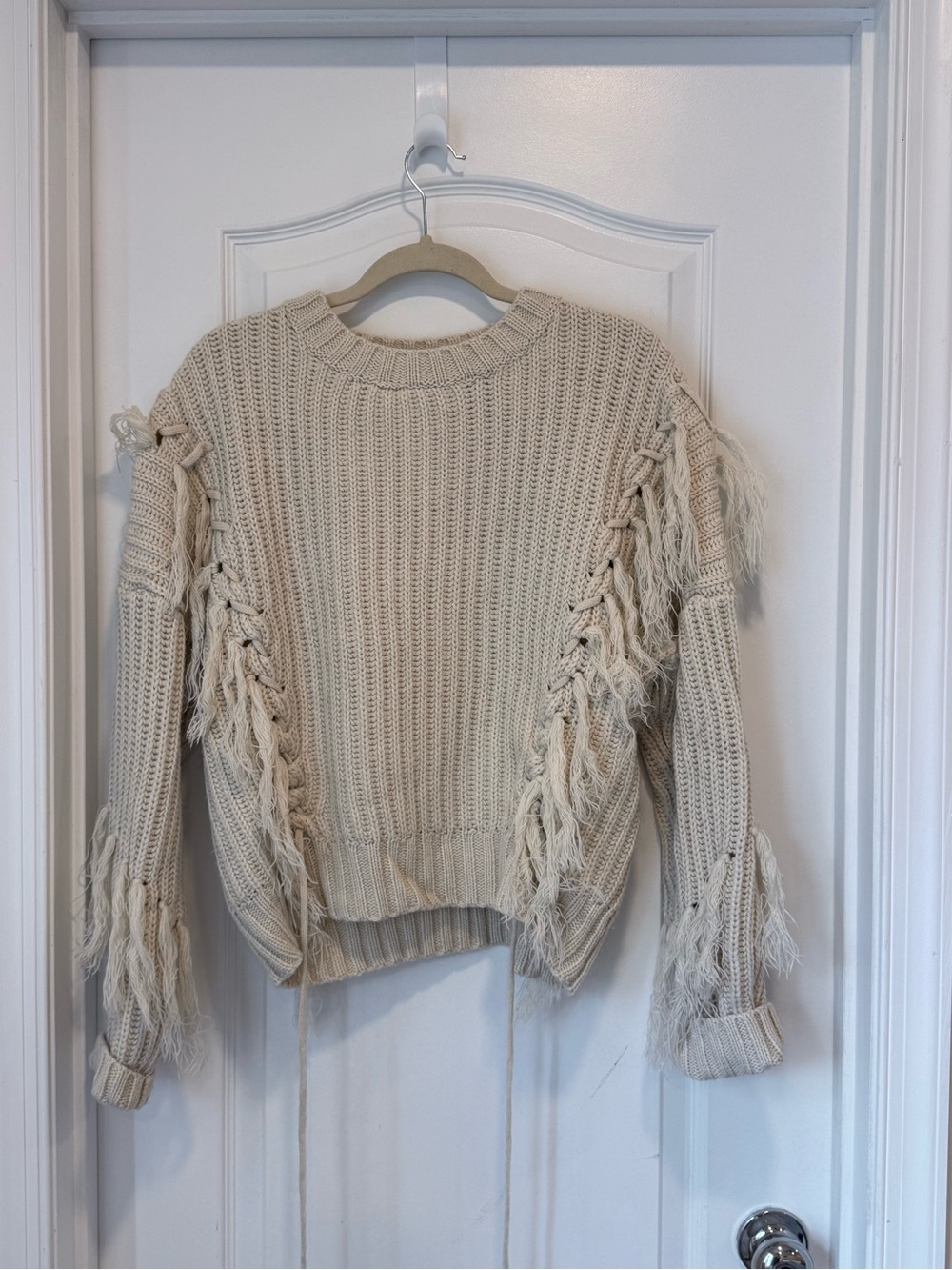 Nasty Gal Cream Fringe Crewneck Sweater